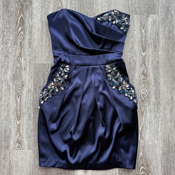 Stunning Y2K Vintage Strapless Mini Bejewelled Navy Satin Prom Dress - Picture 1 of 7